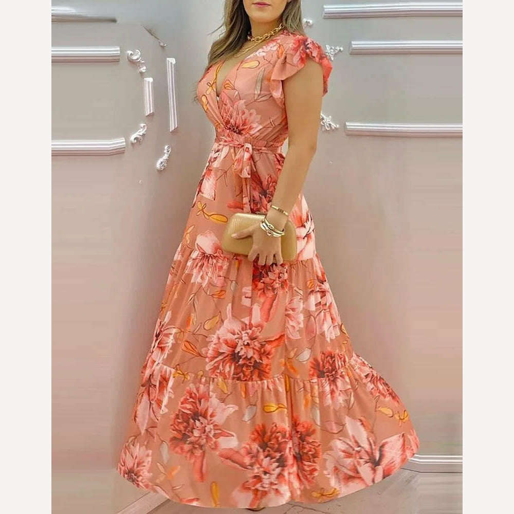 Women&#39;s V-neck Ruffle Sleeve Floral Print Chiffon Slim Long Dress - KIMLUD