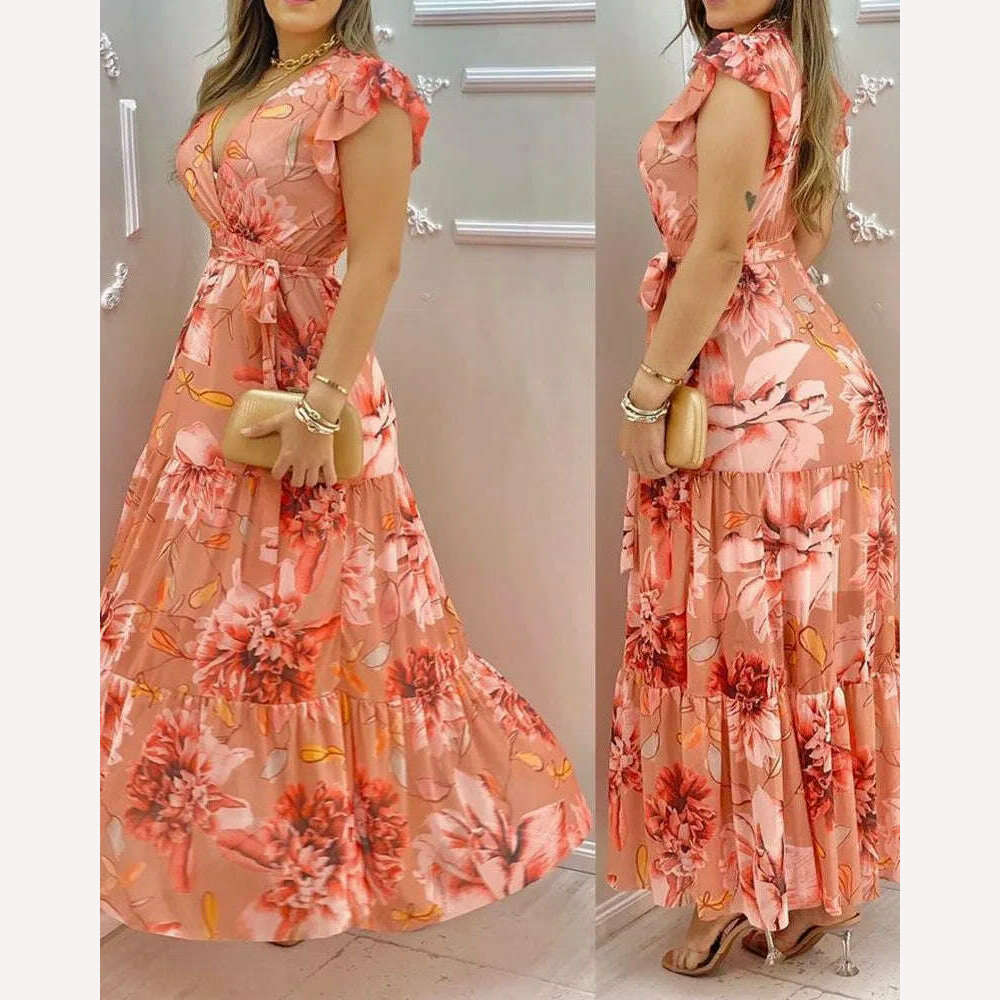 Women&#39;s V-neck Ruffle Sleeve Floral Print Chiffon Slim Long Dress - KIMLUD