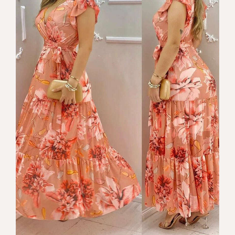 Women&#39;s V-neck Ruffle Sleeve Floral Print Chiffon Slim Long Dress - KIMLUD