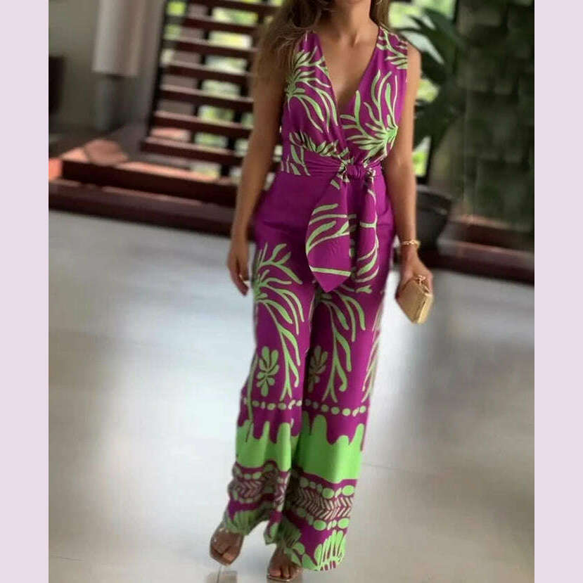 Women‘s Jumpsuits 2024 Summer New Fashion Print V-Neck Sleeveless Slim Belt Temperament Commuting Wide Leg Jumpsuit for Women - KIMLUD