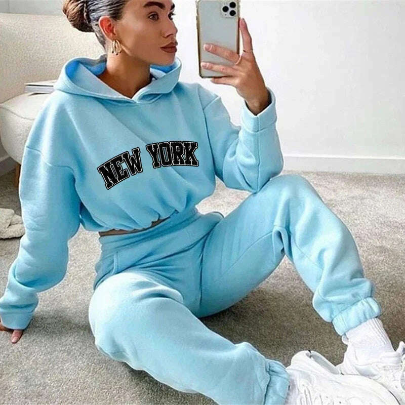 KIMLUD, Womens 2 Pieces Suit Hooded Print Pullover Tracksuit Set Drawstring Short Sweatshirts Casual Sweatpants Sports Home Clothing, Blue / XXL, KIMLUD APPAREL - Womens Clothes