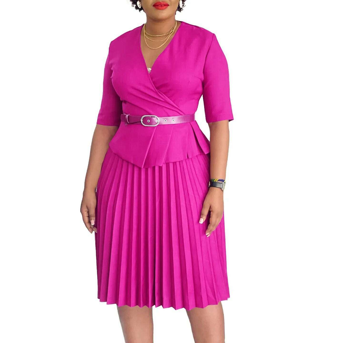 Women's 2024 new fashion plus size temperament commuter V-neck pleated dress - KIMLUD