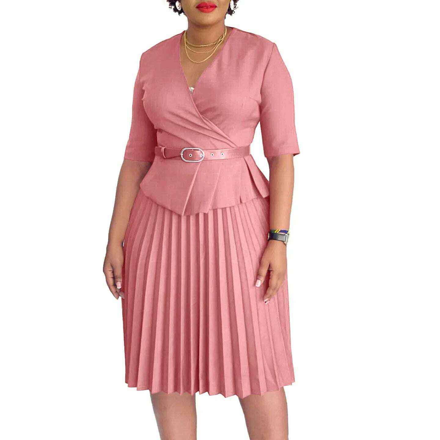 Women's 2024 new fashion plus size temperament commuter V-neck pleated dress - KIMLUD