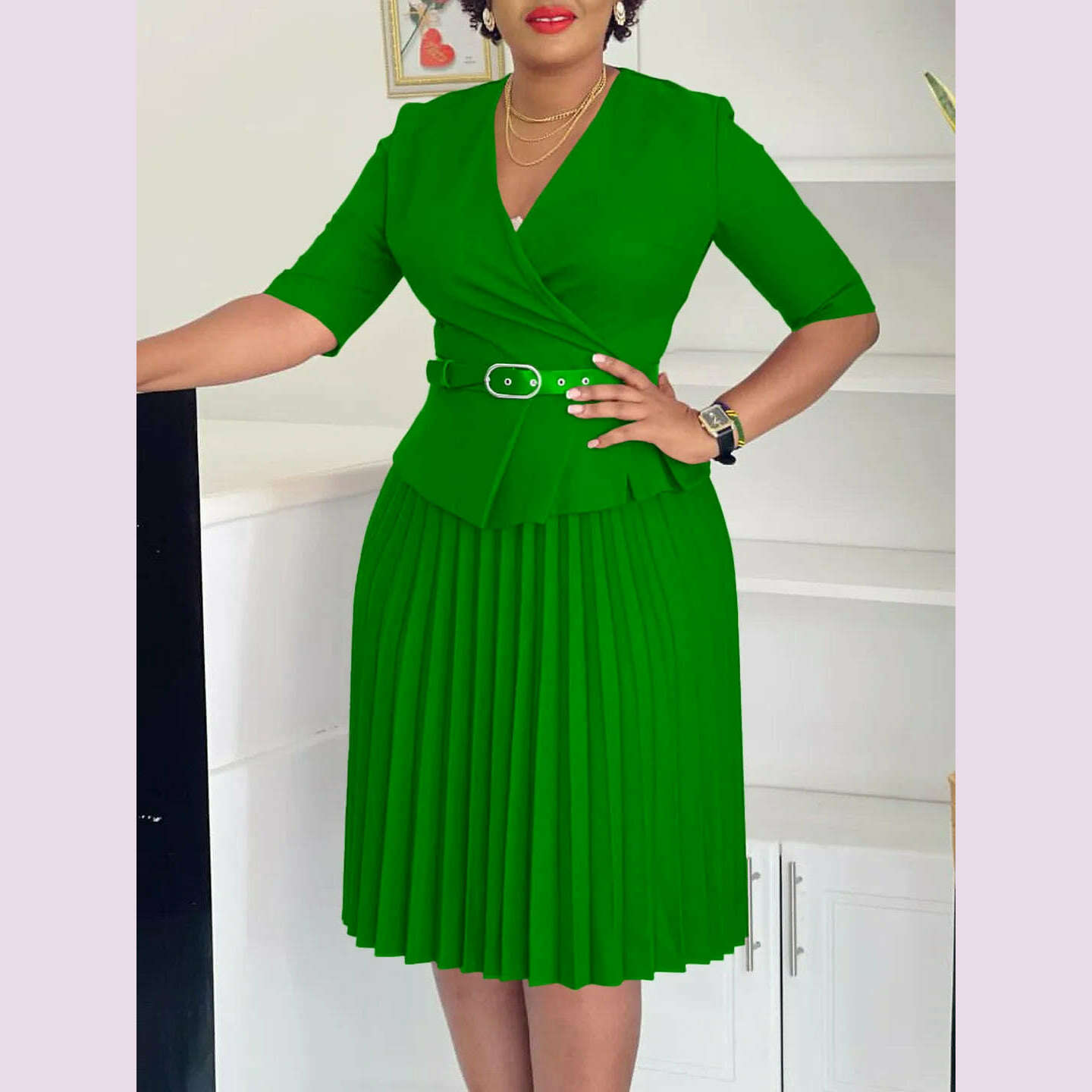 KIMLUD, Women's 2024 new fashion plus size temperament commuter V-neck pleated dress, green / L, KIMLUD APPAREL - Womens Clothes