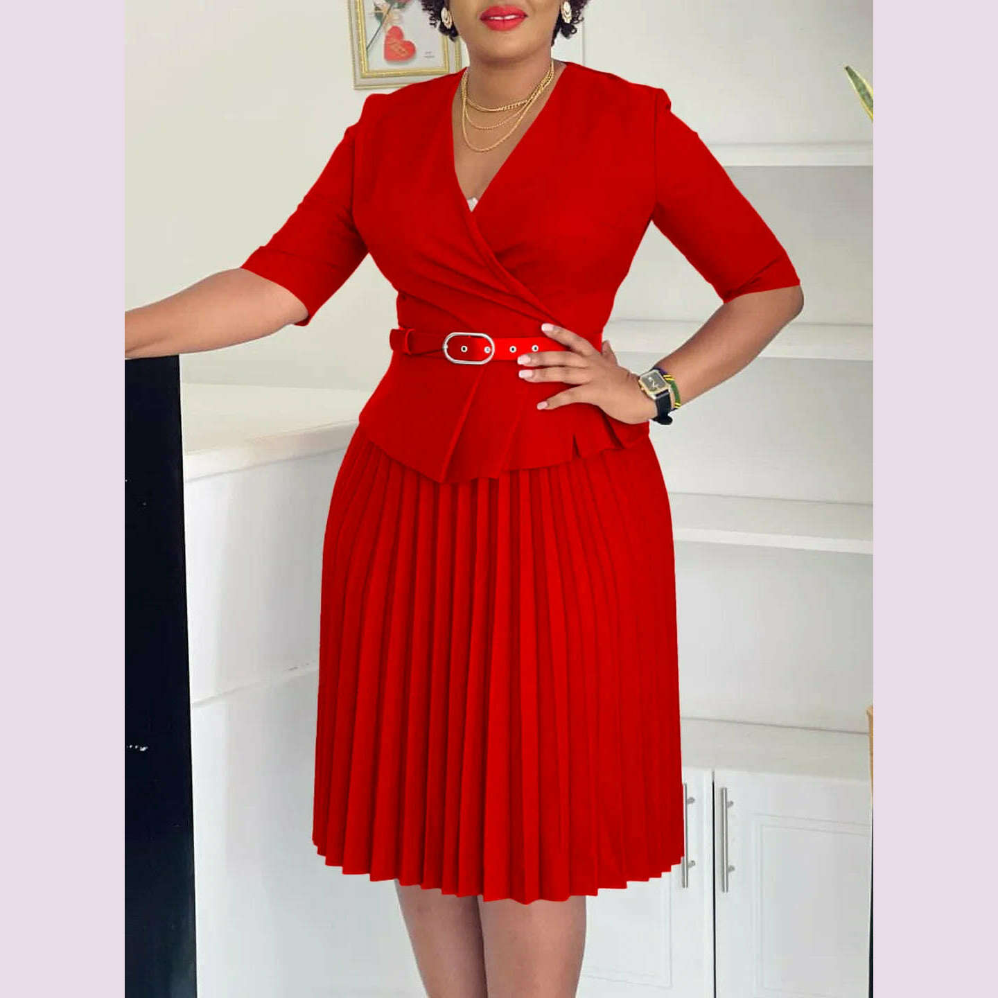 Women's 2024 new fashion plus size temperament commuter V-neck pleated dress - KIMLUD