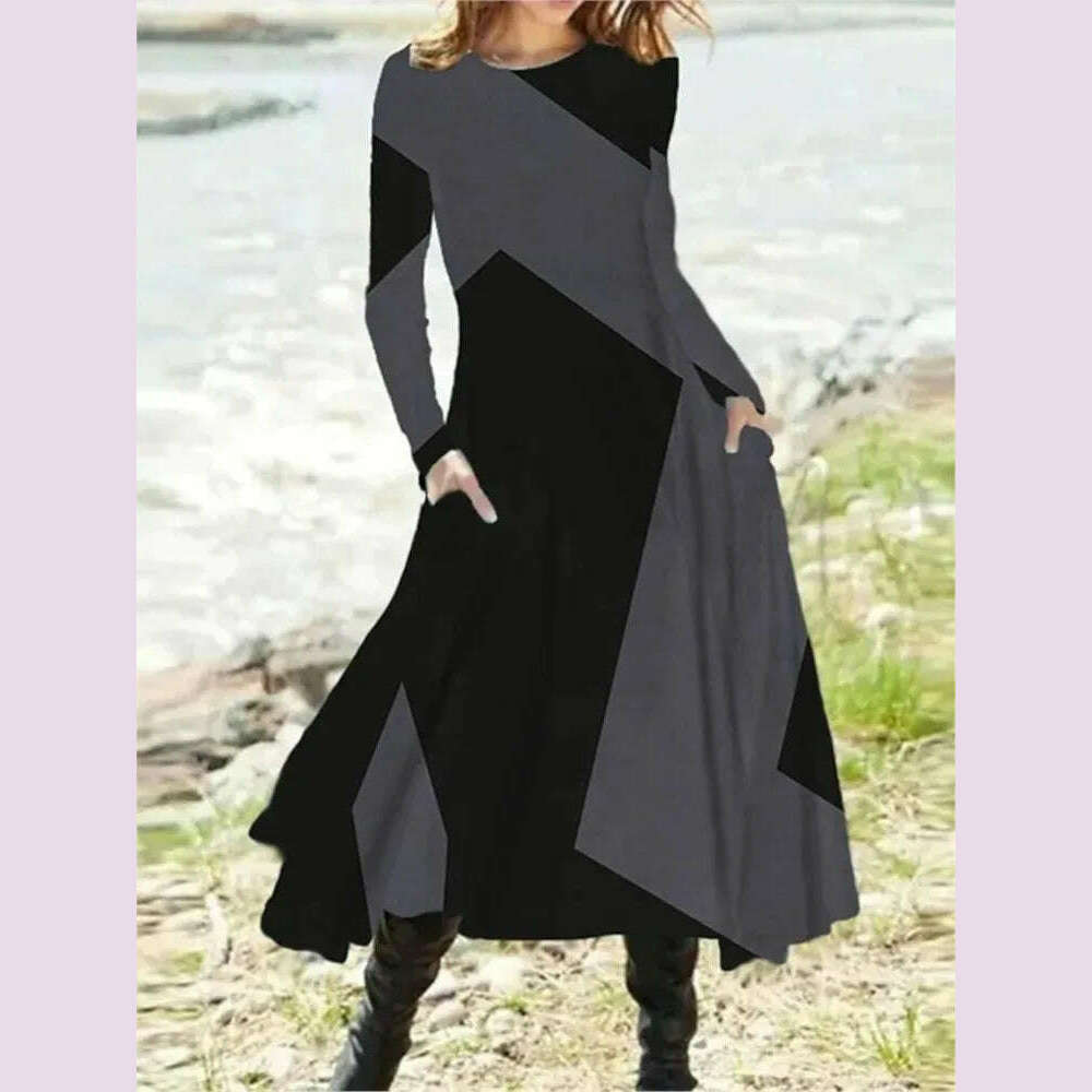 KIMLUD, Women's Autumn Winter New Casual Retro Style Fashionable Geometric Print Long Sleeved Round Neck Oversized Swing Long Skirt, KIMLUD Womens Clothes