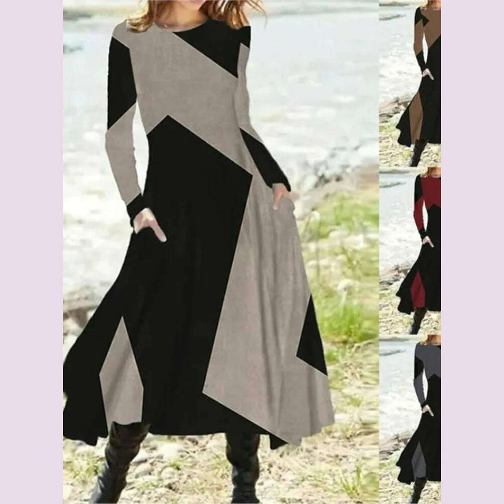 KIMLUD, Women's Autumn Winter New Casual Retro Style Fashionable Geometric Print Long Sleeved Round Neck Oversized Swing Long Skirt, KIMLUD Womens Clothes