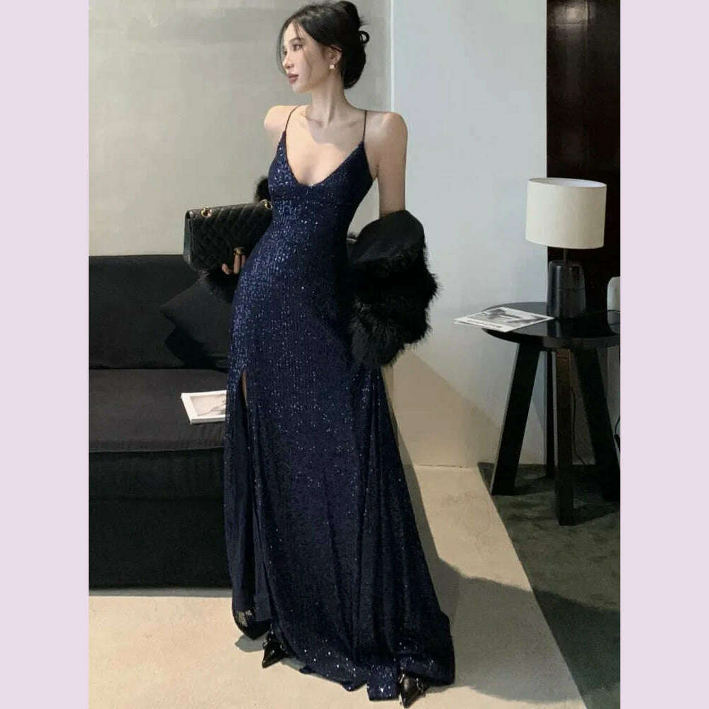 Women's Backless V-Neck Split Maxi Dress Sexy Slim Evening Gown Luxury Dresses Fashion Robe Birthday Party Spring Autumn New - KIMLUD