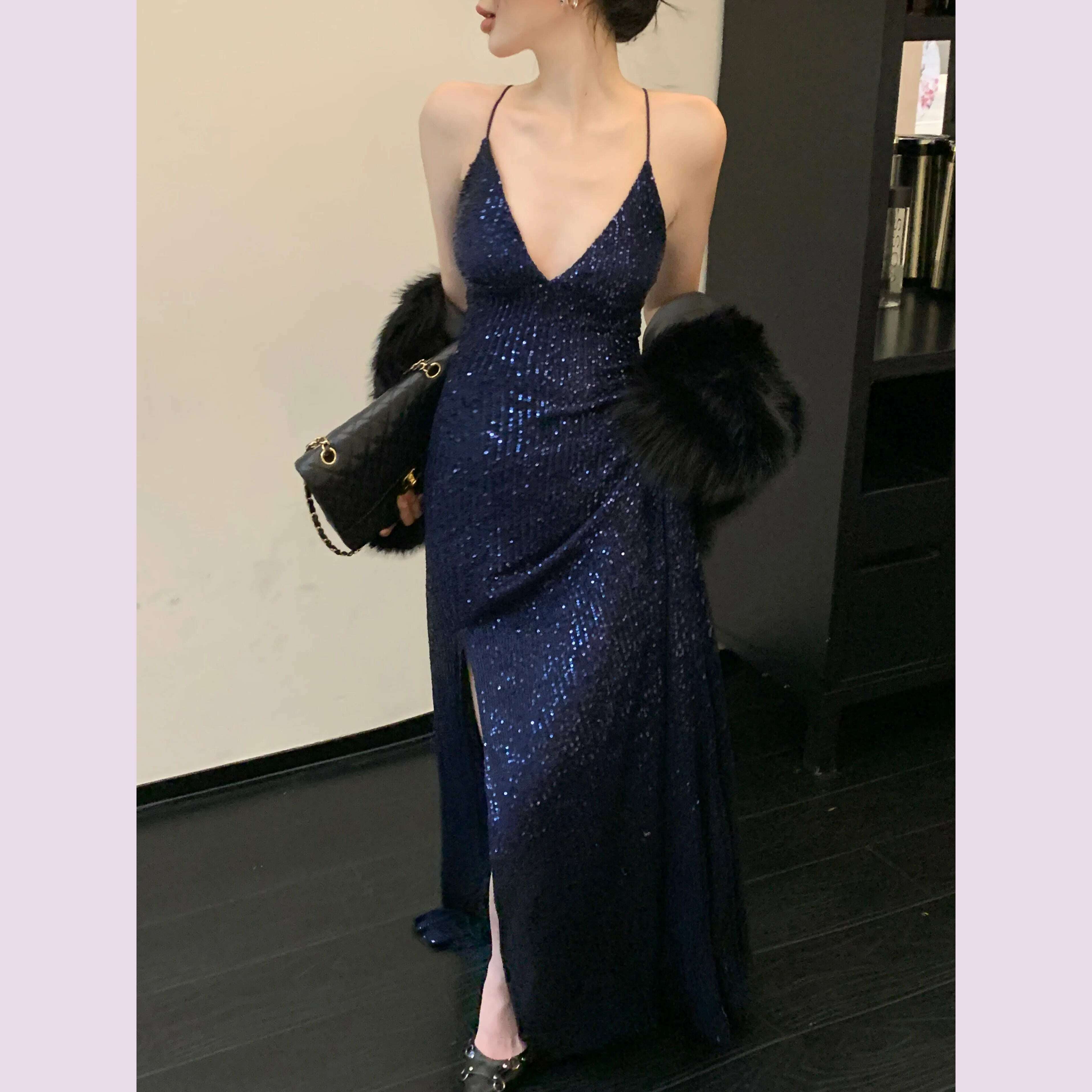 Women's Backless V-Neck Split Maxi Dress Sexy Slim Evening Gown Luxury Dresses Fashion Robe Birthday Party Spring Autumn New - KIMLUD