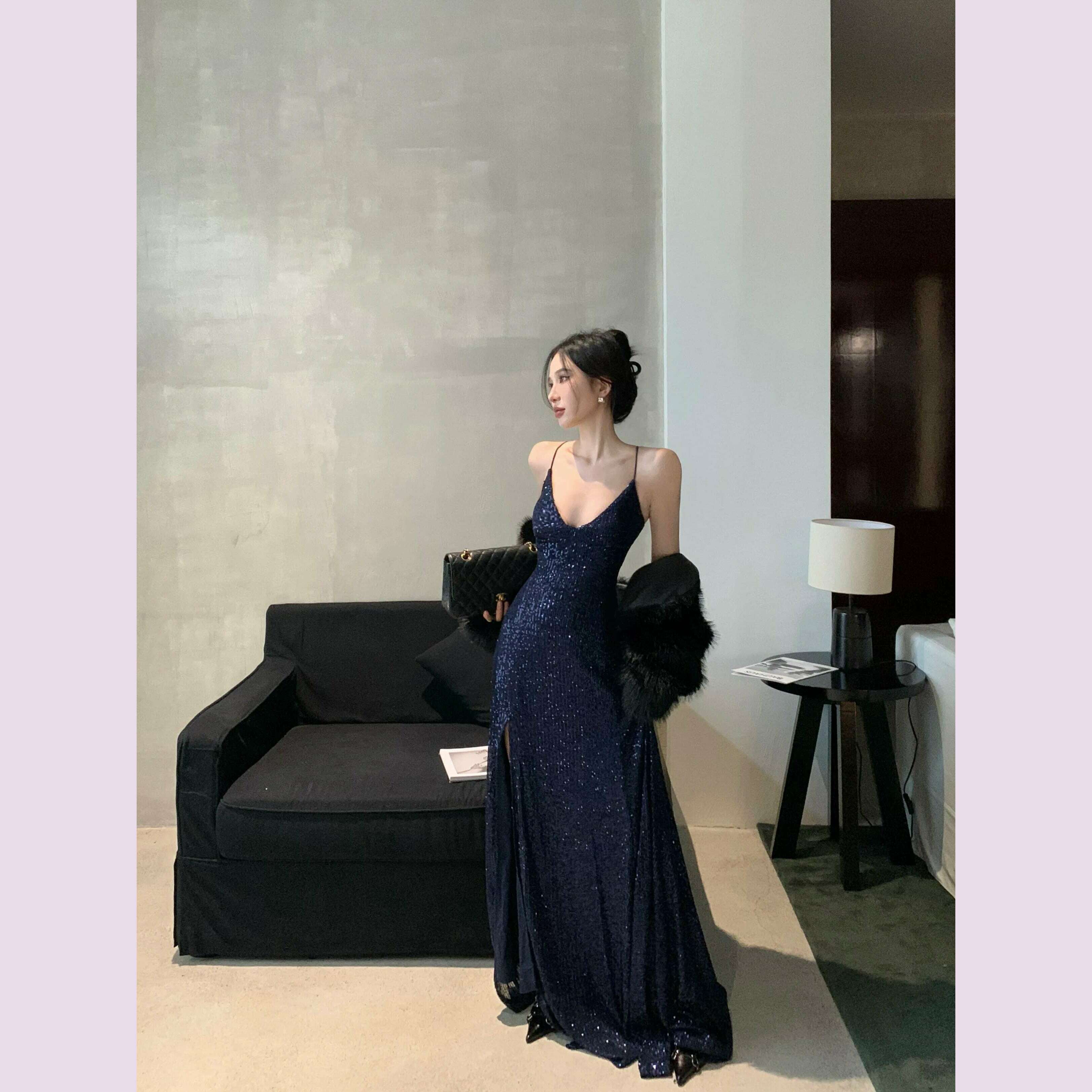 Women's Backless V-Neck Split Maxi Dress Sexy Slim Evening Gown Luxury Dresses Fashion Robe Birthday Party Spring Autumn New - KIMLUD