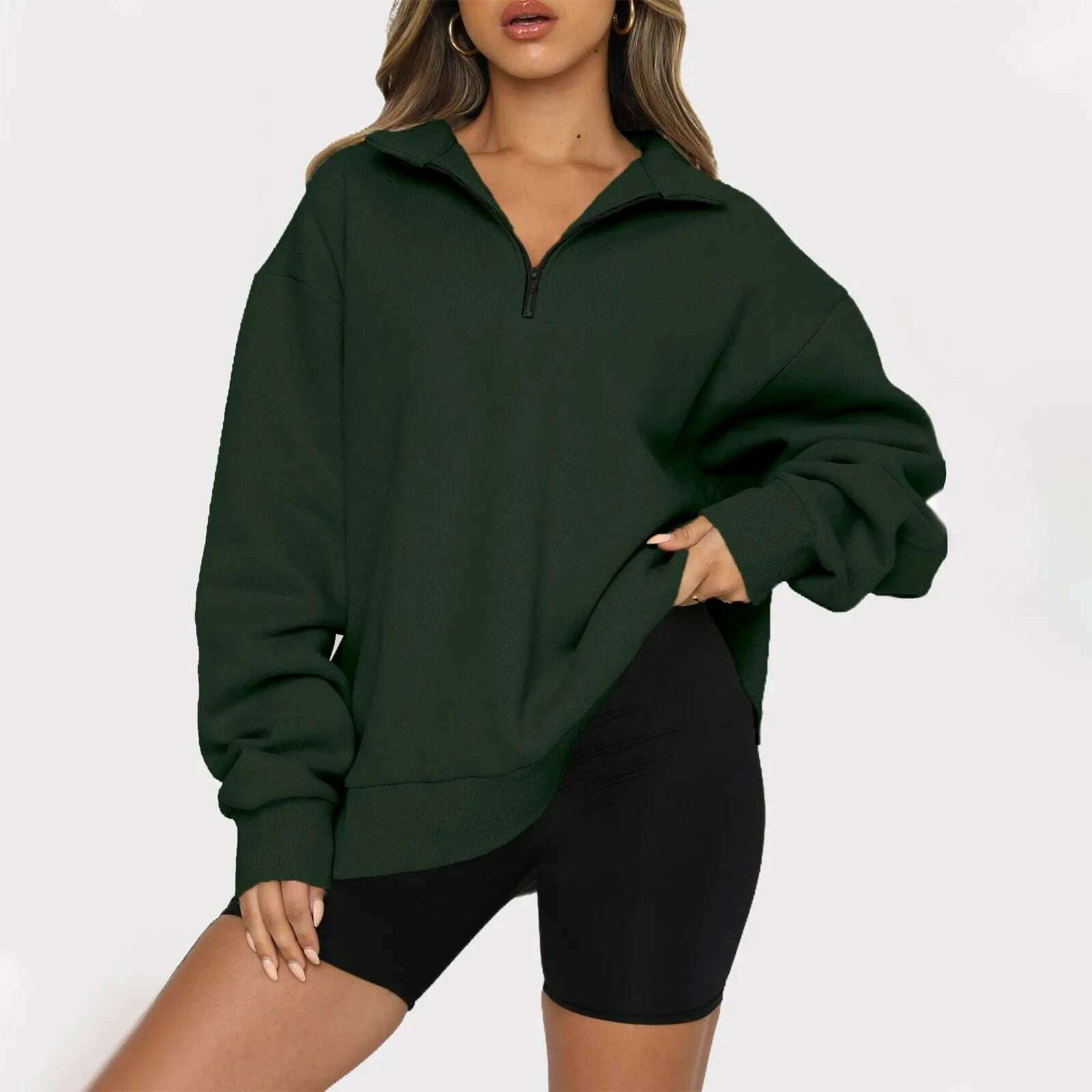 KIMLUD, Women's Casual Fashion Long Sleeve Solid Color Zip Sweatshirt Top, Army Green / L, KIMLUD APPAREL - Womens Clothes