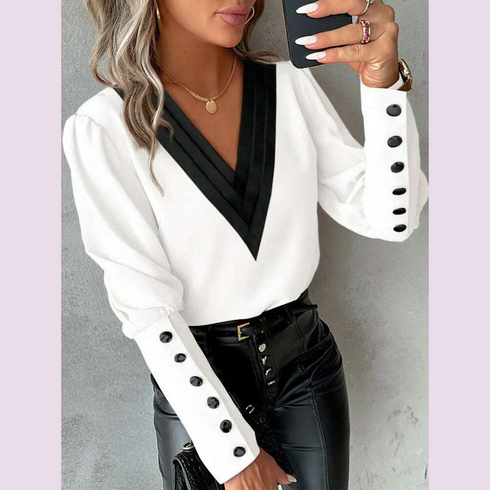 KIMLUD, Women's Casual Shirt Autumn Fashion V-neck Patchwork White Long Sleeve Button Office Lady Blouse Women Streetwear Tops Clothing, KIMLUD Womens Clothes