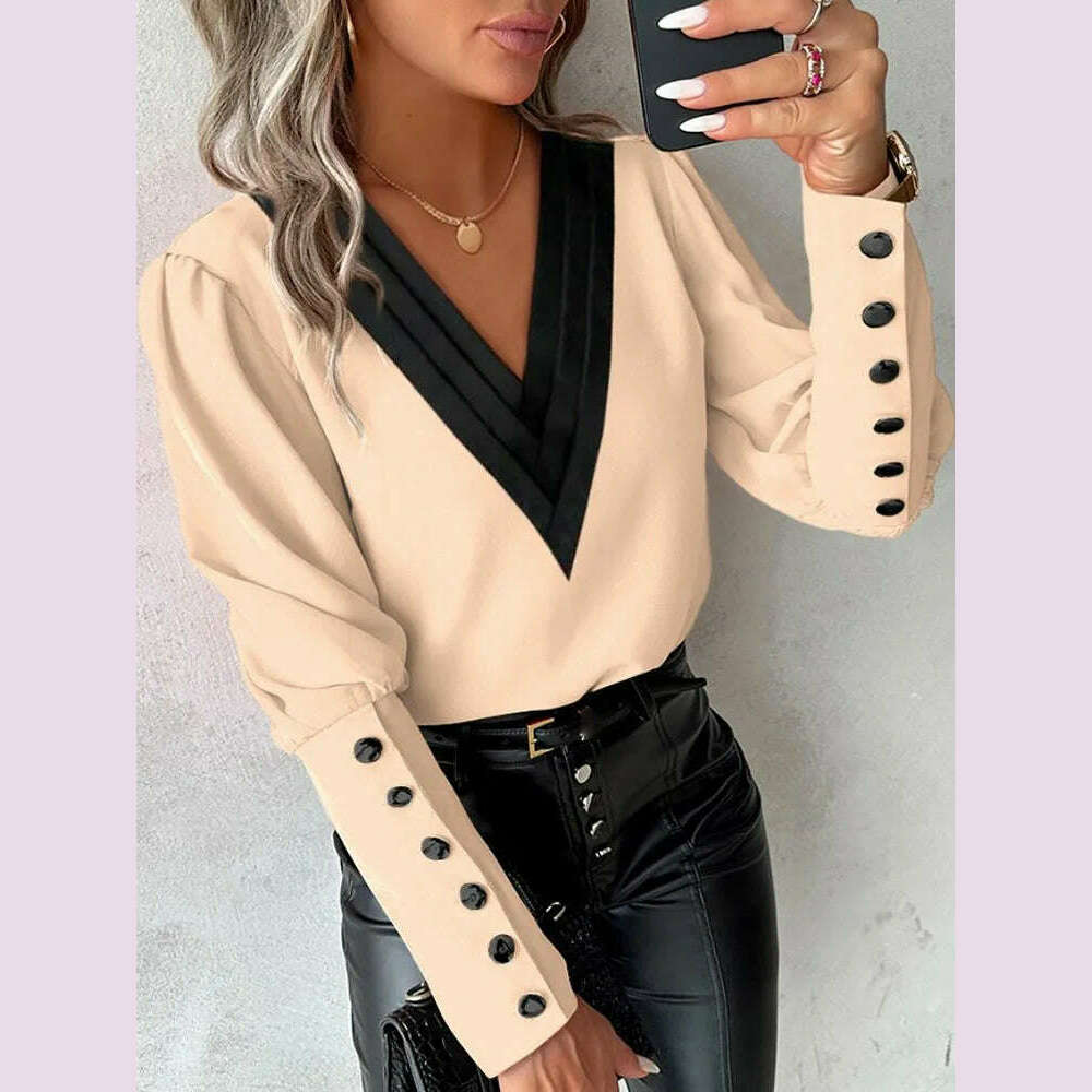 KIMLUD, Women's Casual Shirt Autumn Fashion V-neck Patchwork White Long Sleeve Button Office Lady Blouse Women Streetwear Tops Clothing, KIMLUD Womens Clothes