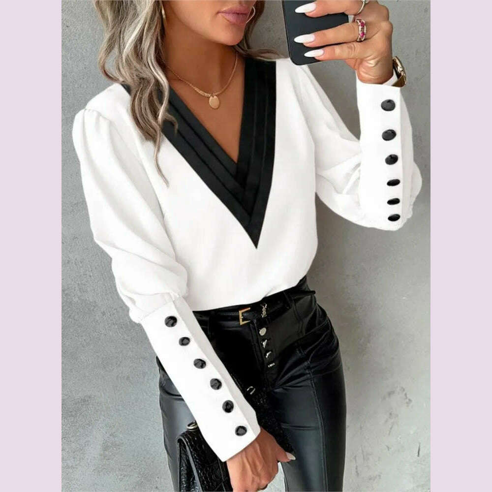 KIMLUD, Women's Casual Shirt Autumn Fashion V-neck Patchwork White Long Sleeve Button Office Lady Blouse Women Streetwear Tops Clothing, WHITE / S, KIMLUD APPAREL - Womens Clothes