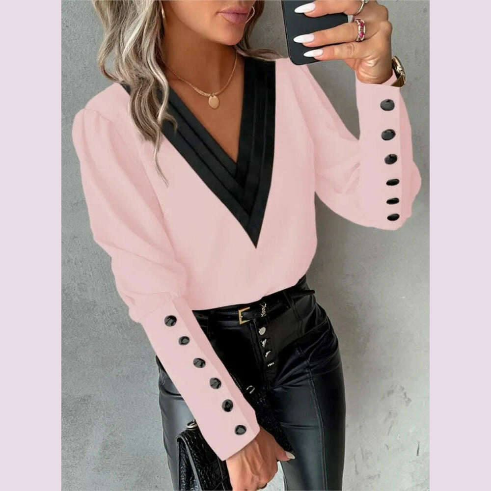 KIMLUD, Women's Casual Shirt Autumn Fashion V-neck Patchwork White Long Sleeve Button Office Lady Blouse Women Streetwear Tops Clothing, Pink / XXL, KIMLUD APPAREL - Womens Clothes