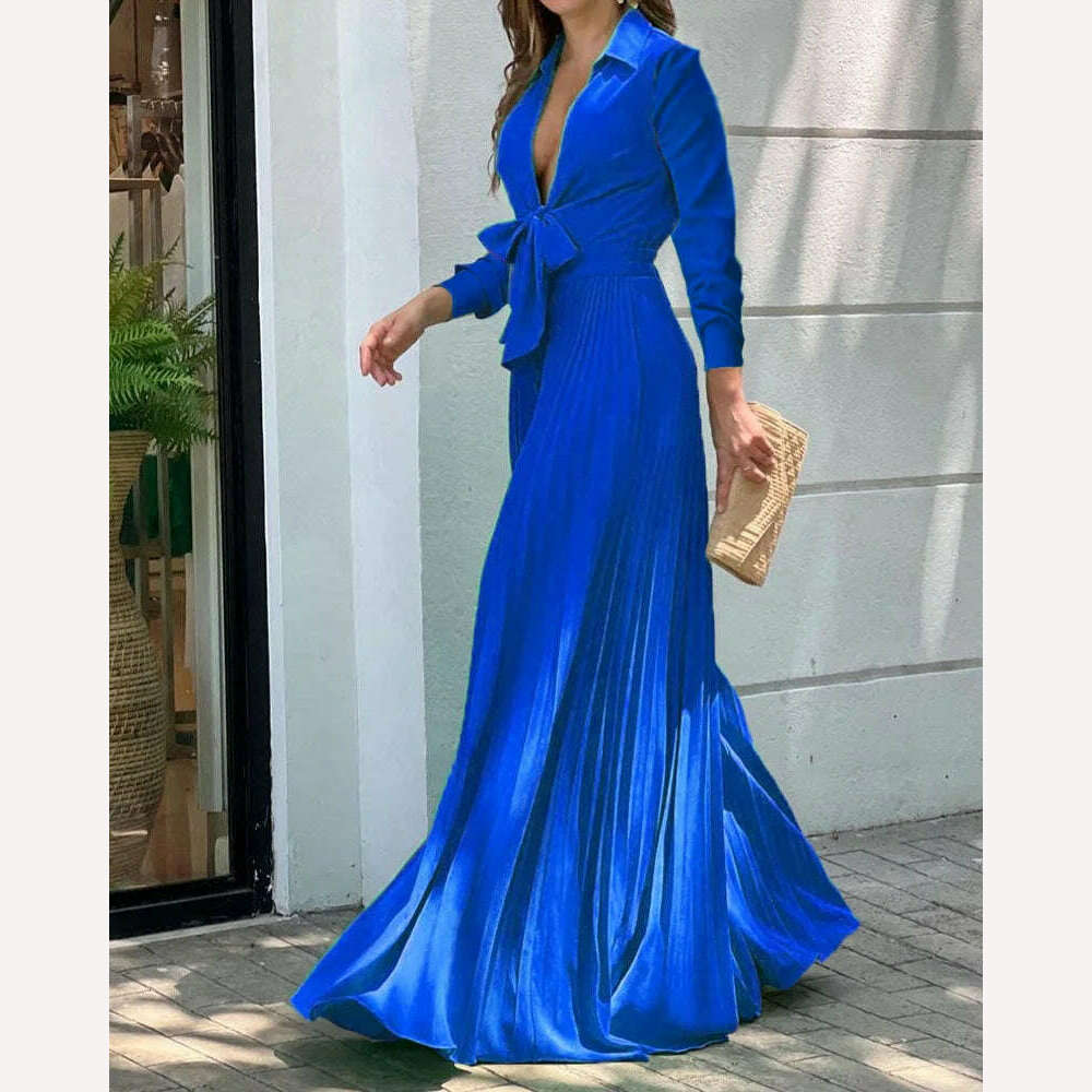 KIMLUD, Women's Clothing 2022 Autumn New Fashion V-neck Long-sleeved Lapel Top Loose Wide-leg Jumpsuit for Women, Blue with l / XL, KIMLUD APPAREL - Womens Clothes