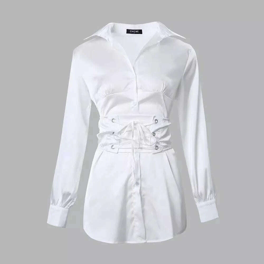 Women's Clothing Fashion Solid Color White Lace-up Shirt Dress Long Sleeve Summer Mini Dress Sexy - KIMLUD