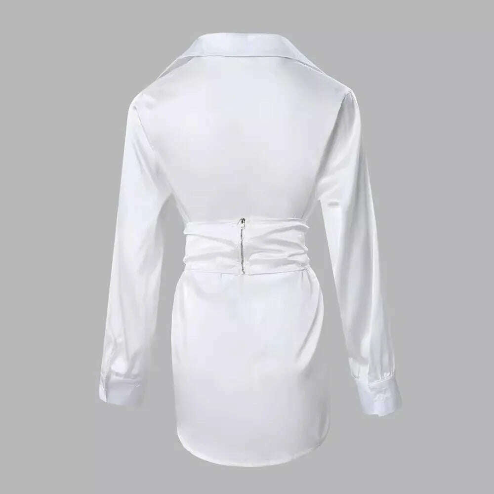 KIMLUD, Women's Clothing Fashion Solid Color White Lace-up Shirt Dress Long Sleeve Summer Mini Dress Sexy, KIMLUD Womens Clothes