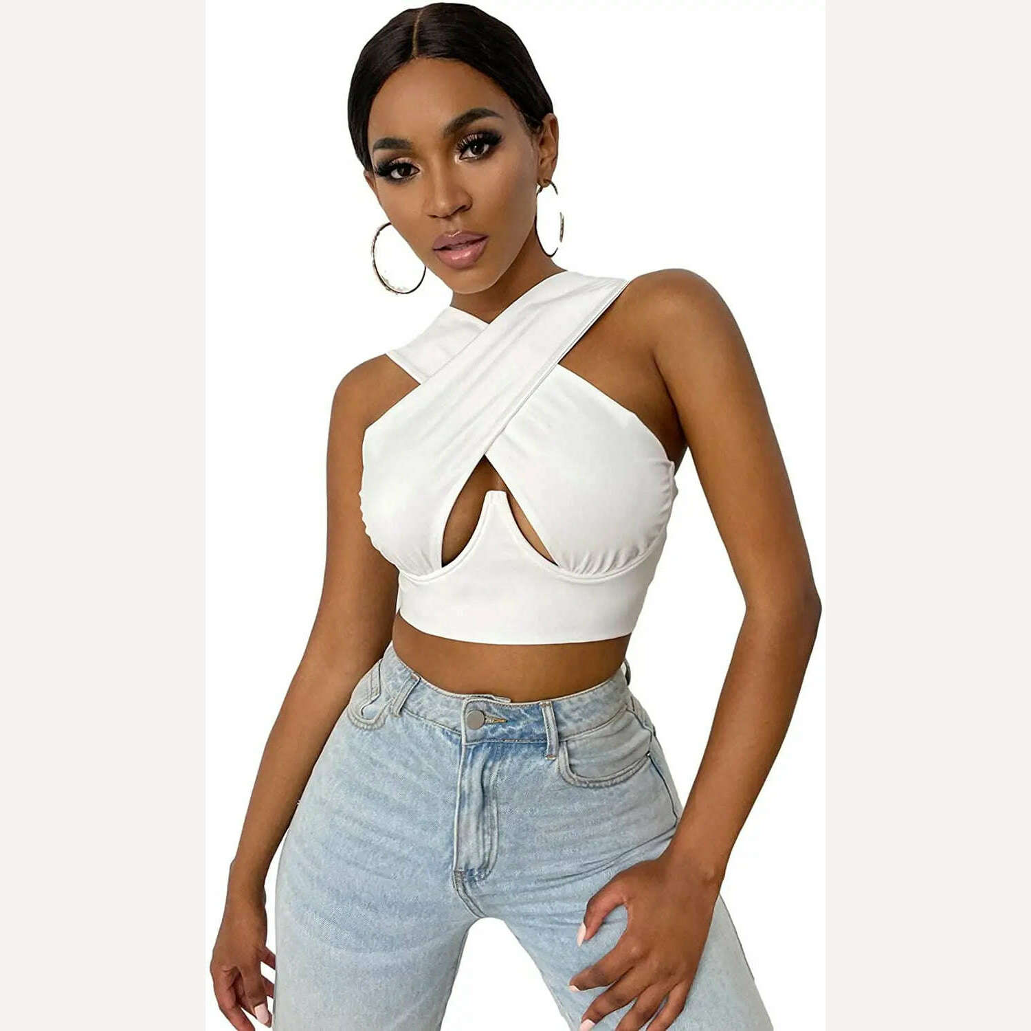 KIMLUD, Women's Criss Cross Tank Tops Sexy Sleeveless Solid Color Cutout Front Crop Tops Party Club Streetwear Summer Lady Bustier Tops, F / L, KIMLUD APPAREL - Womens Clothes