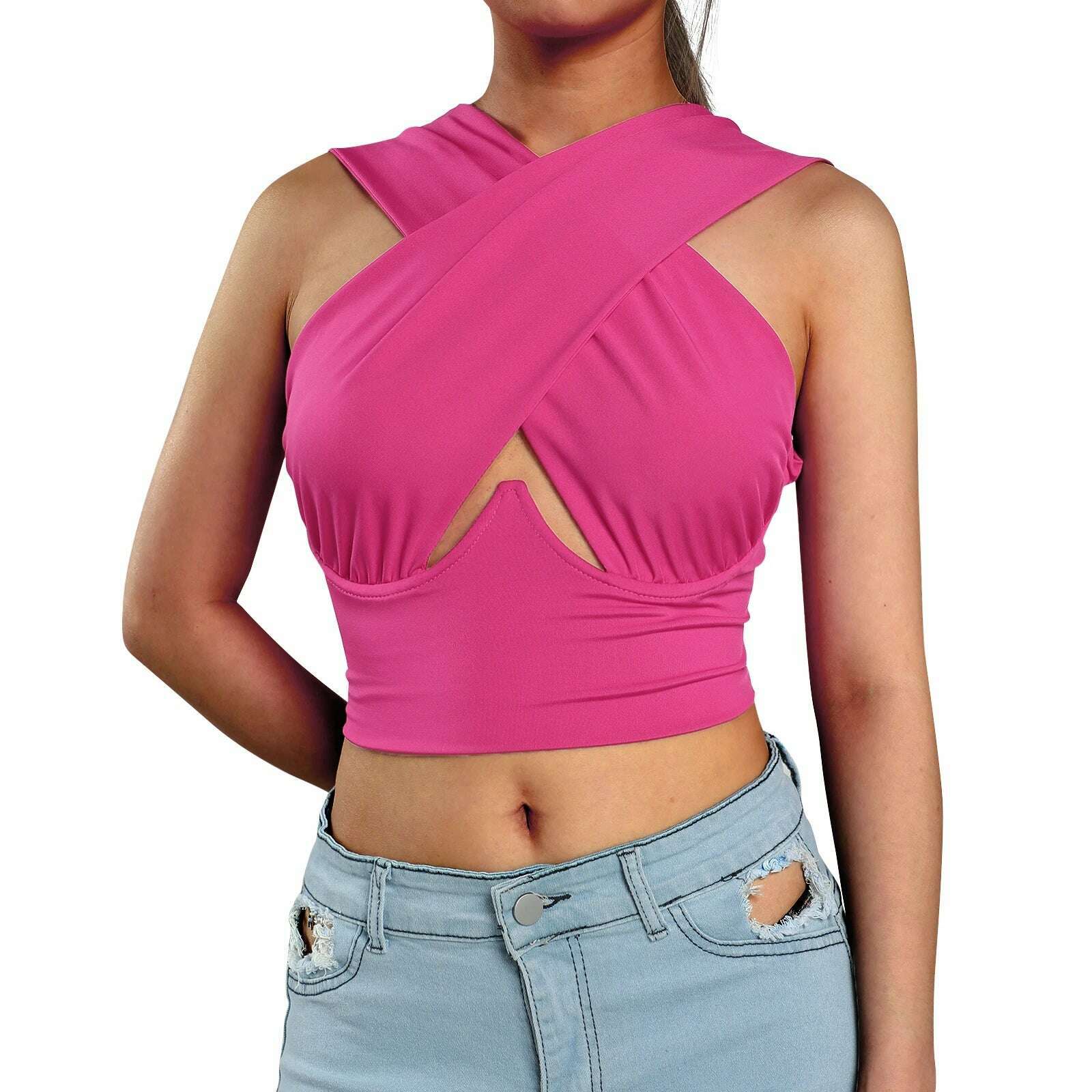 KIMLUD, Women's Criss Cross Tank Tops Sexy Sleeveless Solid Color Cutout Front Crop Tops Party Club Streetwear Summer Lady Bustier Tops, C / M, KIMLUD APPAREL - Womens Clothes