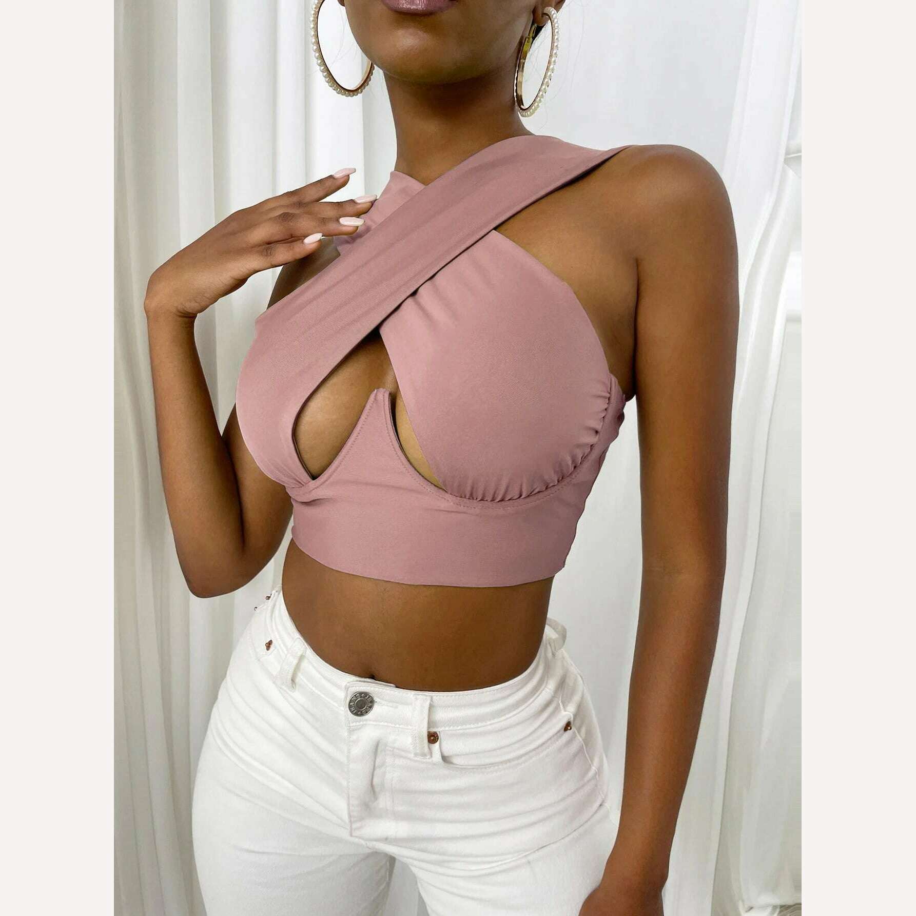 KIMLUD, Women's Criss Cross Tank Tops Sexy Sleeveless Solid Color Cutout Front Crop Tops Party Club Streetwear Summer Lady Bustier Tops, 72D Dusty Pink / XXL, KIMLUD APPAREL - Womens Clothes