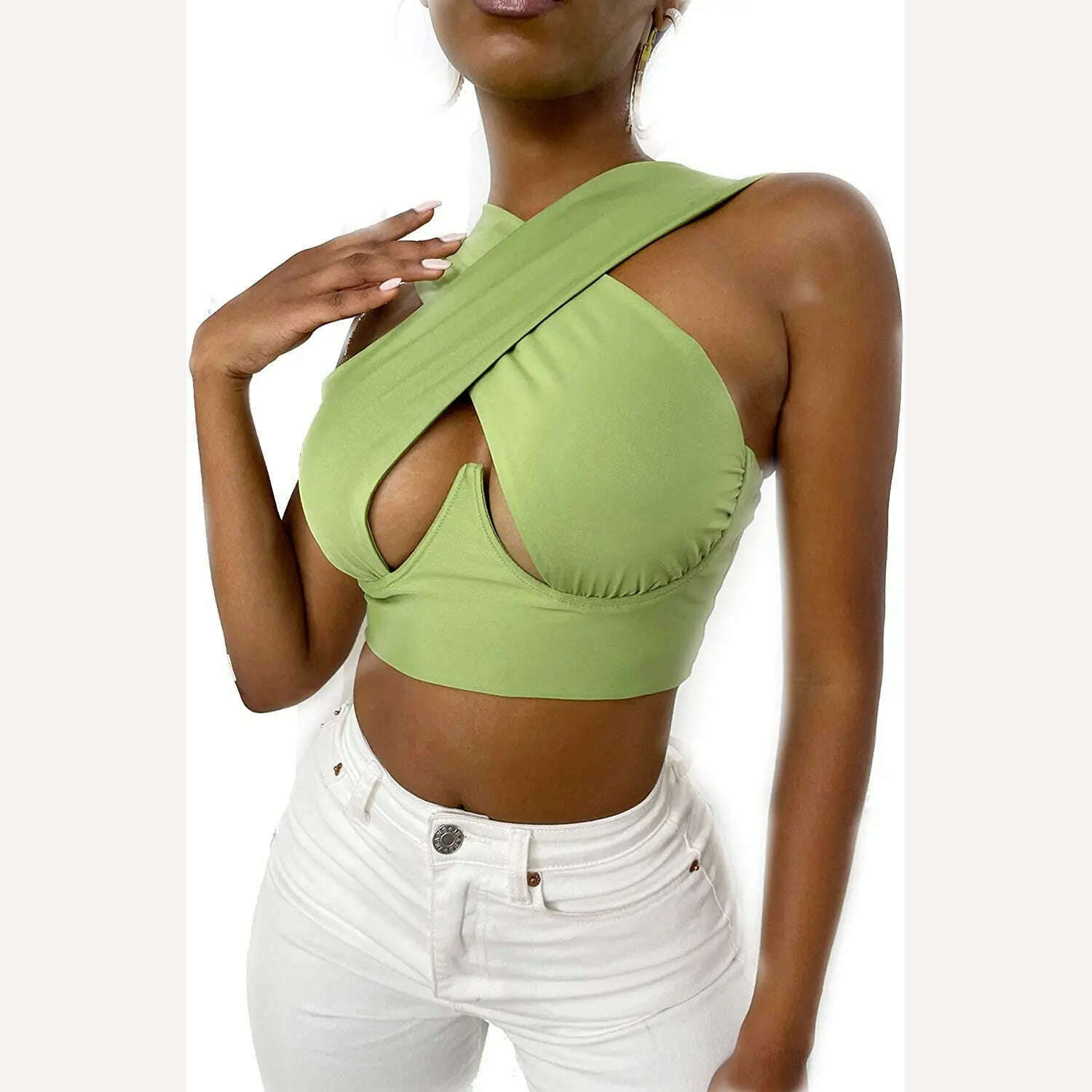 Women's Criss Cross Tank Tops Sexy Sleeveless Solid Color Cutout Front Crop Tops Party Club Streetwear Summer Lady Bustier Tops - KIMLUD