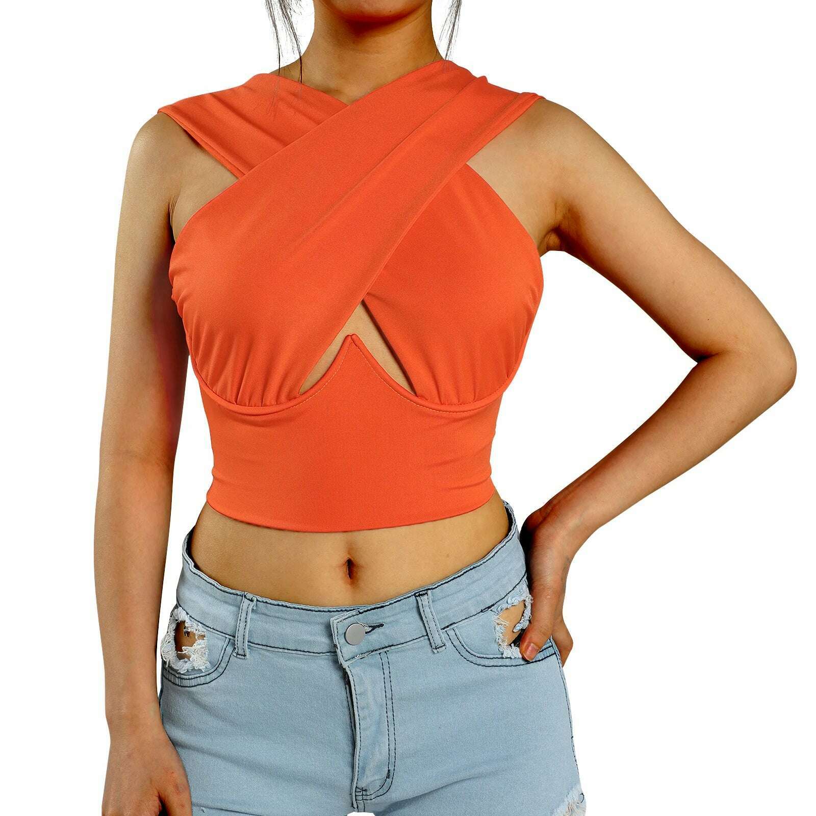 KIMLUD, Women's Criss Cross Tank Tops Sexy Sleeveless Solid Color Cutout Front Crop Tops Party Club Streetwear Summer Lady Bustier Tops, G / M, KIMLUD APPAREL - Womens Clothes