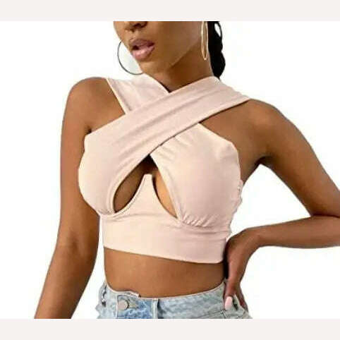 Women's Criss Cross Tank Tops Sexy Sleeveless Solid Color Cutout Front Crop Tops Party Club Streetwear Summer Lady Bustier Tops - KIMLUD