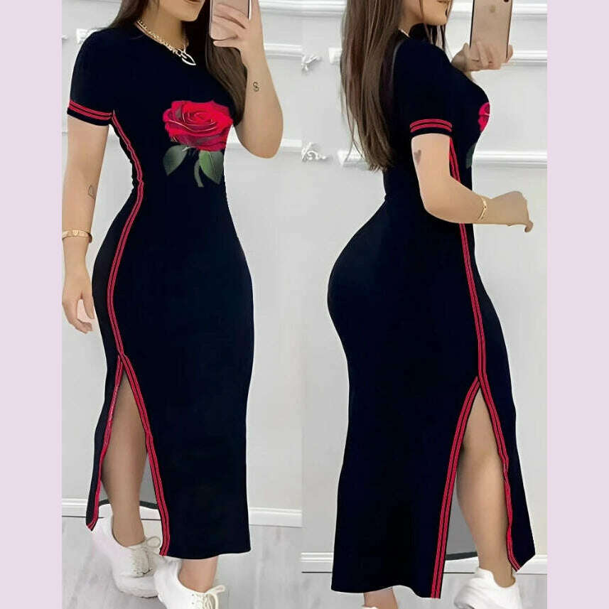 Womens Dresses 2024 Summer Fashion Striped Rose Print Side Slit Casual O-Neck Short Sleeve Skinny Daily A Line Long Dress - KIMLUD