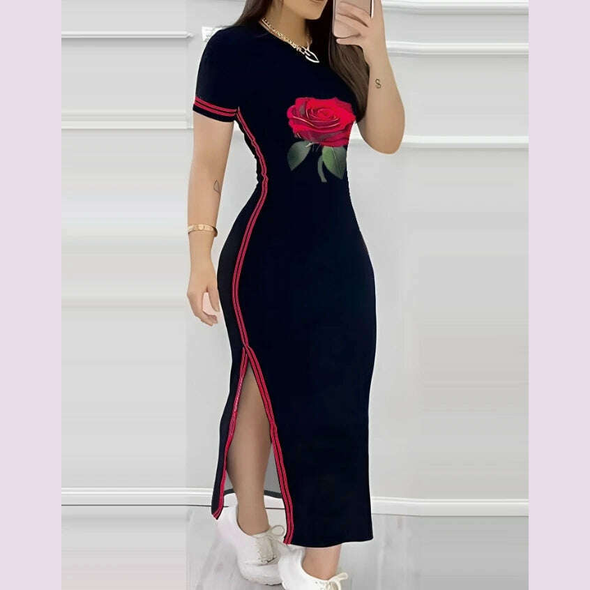 Womens Dresses 2024 Summer Fashion Striped Rose Print Side Slit Casual O-Neck Short Sleeve Skinny Daily A Line Long Dress - KIMLUD