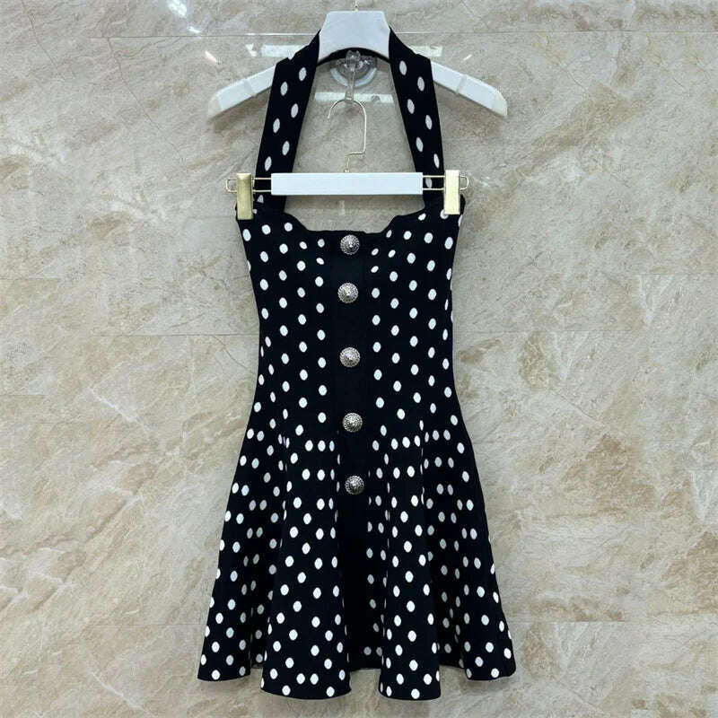 KIMLUD, Womens dresses 2024 Summer New Dot Print Hanging Neck Dress Elastic knitted slim sleeveless mini skirt Metal button Long dress, Black / M, KIMLUD APPAREL - Womens Clothes