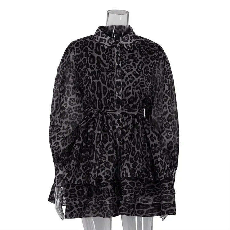 Womens Dresses Spring 2024 New Chiffon Leopard Print Long-sleeved Street Lapel Fluffy Dress for Women - KIMLUD