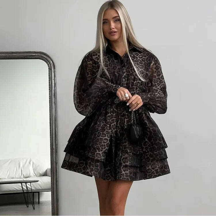 Womens Dresses Spring 2024 New Chiffon Leopard Print Long-sleeved Street Lapel Fluffy Dress for Women - KIMLUD