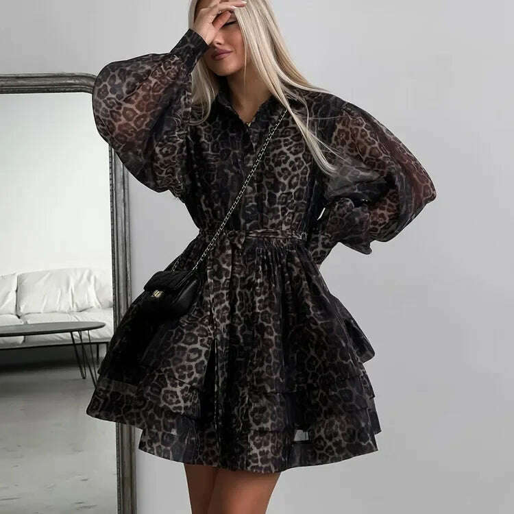 Womens Dresses Spring 2024 New Chiffon Leopard Print Long-sleeved Street Lapel Fluffy Dress for Women - KIMLUD