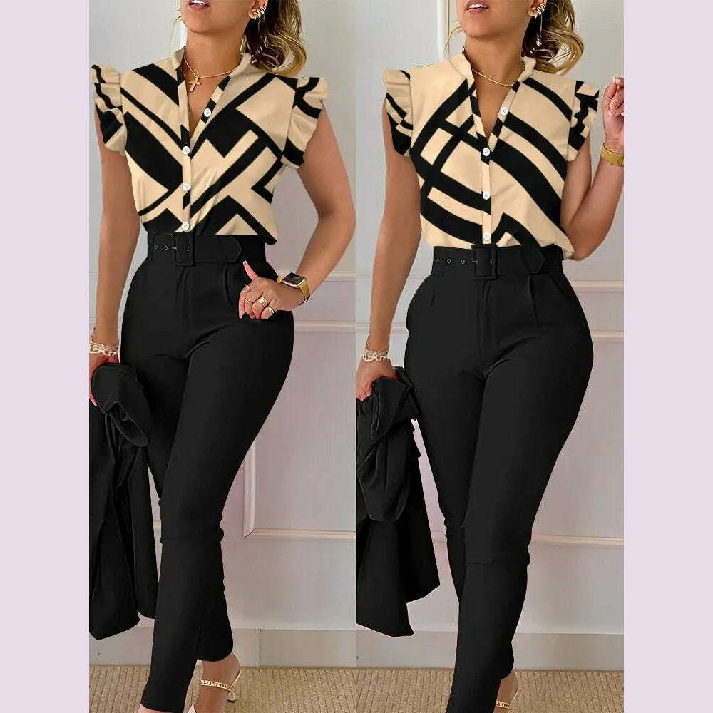 Womens Elegant Slim Two-Piece Sets Summer Fashion Print V Neck Button Flying Sleeve Shirt Top & Solid Long Pants Suits With Belt - KIMLUD