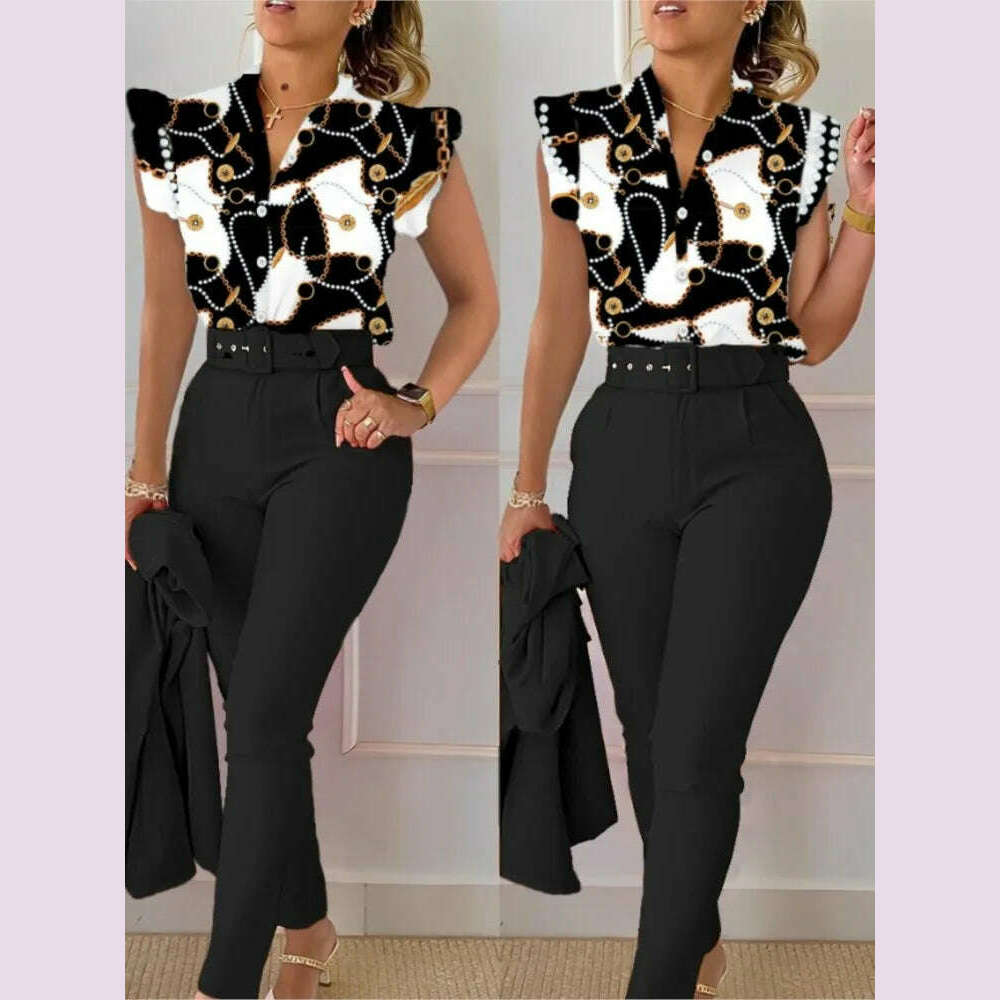 Womens Elegant Slim Two-Piece Sets Summer Fashion Print V Neck Button Flying Sleeve Shirt Top & Solid Long Pants Suits With Belt - KIMLUD