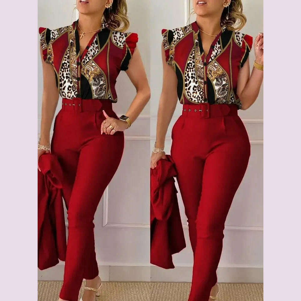 Womens Elegant Slim Two-Piece Sets Summer Fashion Print V Neck Button Flying Sleeve Shirt Top & Solid Long Pants Suits With Belt - KIMLUD