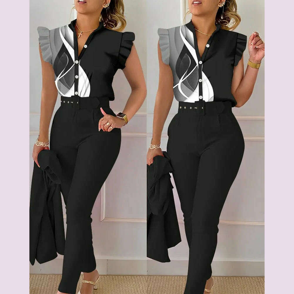 Womens Elegant Slim Two-Piece Sets Summer Fashion Print V Neck Button Flying Sleeve Shirt Top & Solid Long Pants Suits With Belt - KIMLUD