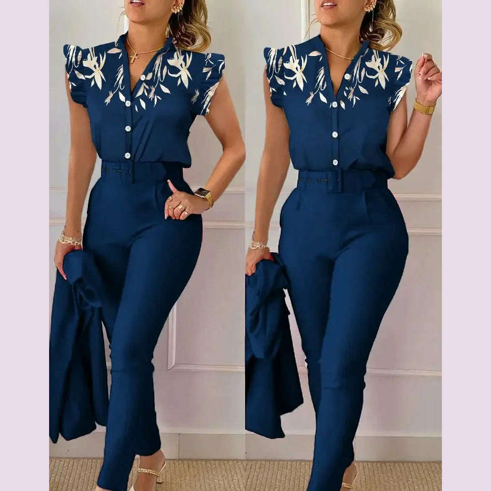 Womens Elegant Slim Two-Piece Sets Summer Fashion Print V Neck Button Flying Sleeve Shirt Top & Solid Long Pants Suits With Belt - KIMLUD