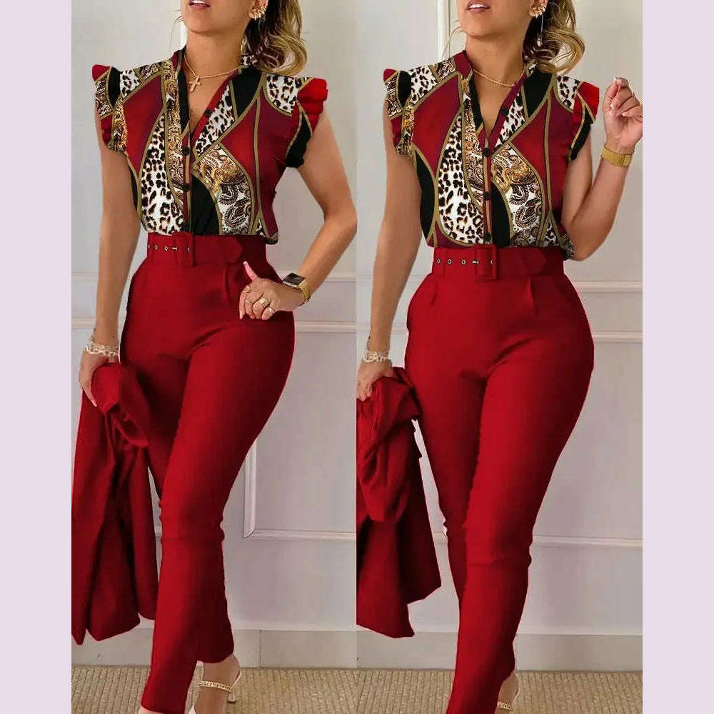 KIMLUD, Womens Elegant Slim Two-Piece Sets Summer Fashion Print V Neck Button Flying Sleeve Shirt Top & Solid Long Pants Suits With Belt, Claret / XXL, KIMLUD APPAREL - Womens Clothes