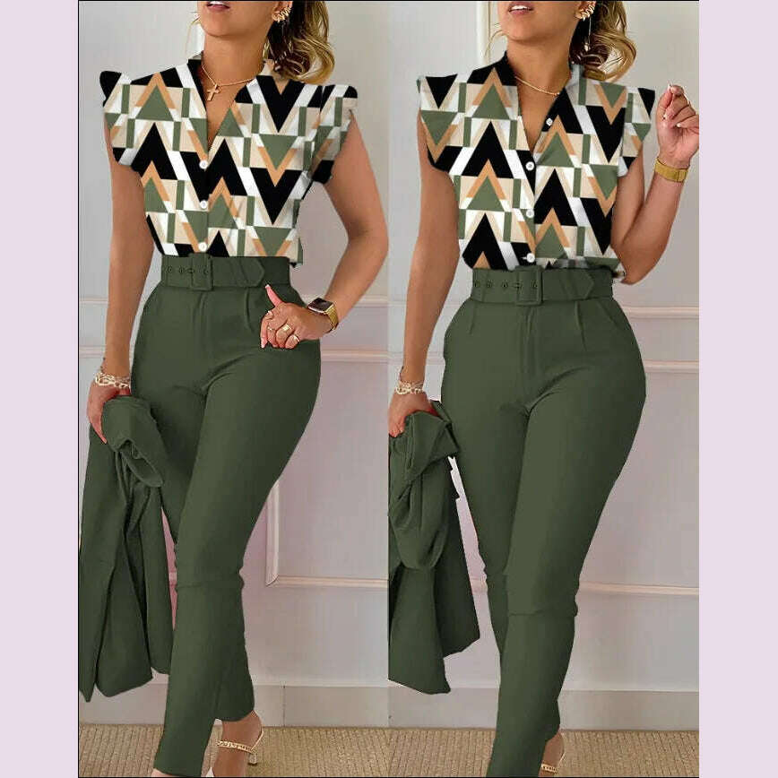 Womens Elegant Slim Two-Piece Sets Summer Fashion Print V Neck Button Flying Sleeve Shirt Top & Solid Long Pants Suits With Belt - KIMLUD