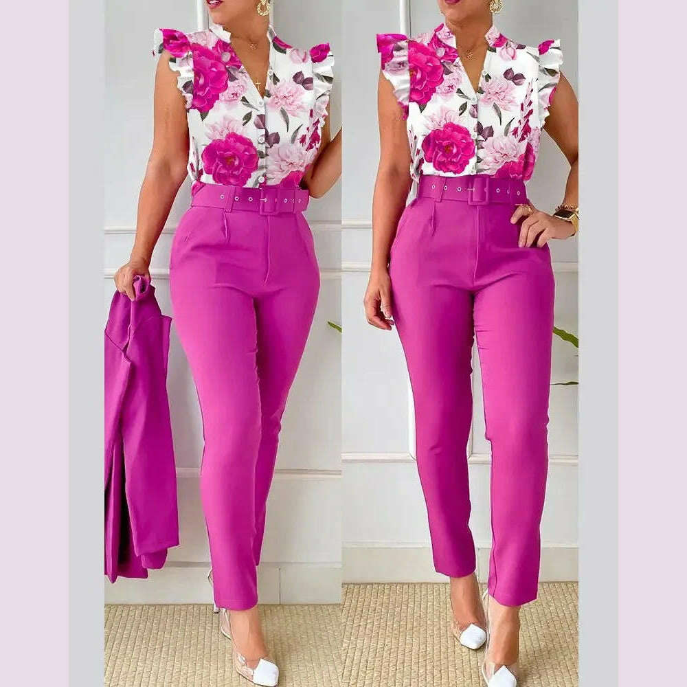 Womens Elegant Slim Two-Piece Sets Summer Fashion Print V Neck Button Flying Sleeve Shirt Top & Solid Long Pants Suits With Belt - KIMLUD