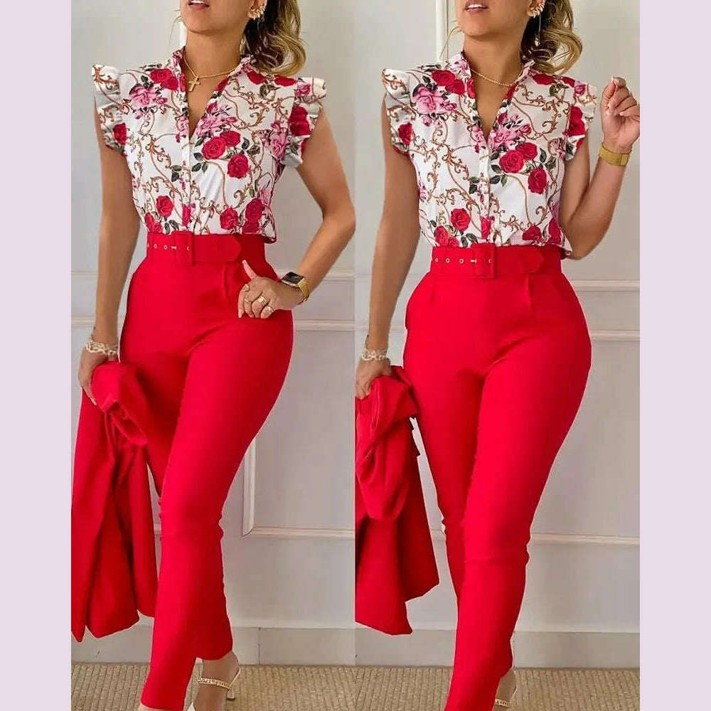 KIMLUD, Womens Elegant Slim Two-Piece Sets Summer Fashion Print V Neck Button Flying Sleeve Shirt Top & Solid Long Pants Suits With Belt, Red / M, KIMLUD APPAREL - Womens Clothes