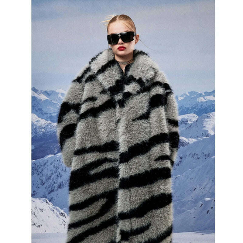 KIMLUD, Women's fur coat new fashion zebra print imitation fox fur coat long winter leisure and warm, KIMLUD Womens Clothes