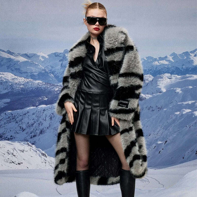 Women's fur coat new fashion zebra print imitation fox fur coat long winter leisure and warm - KIMLUD