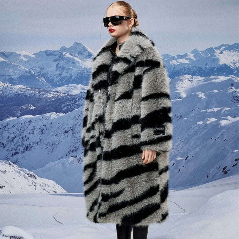 Women's fur coat new fashion zebra print imitation fox fur coat long winter leisure and warm - KIMLUD