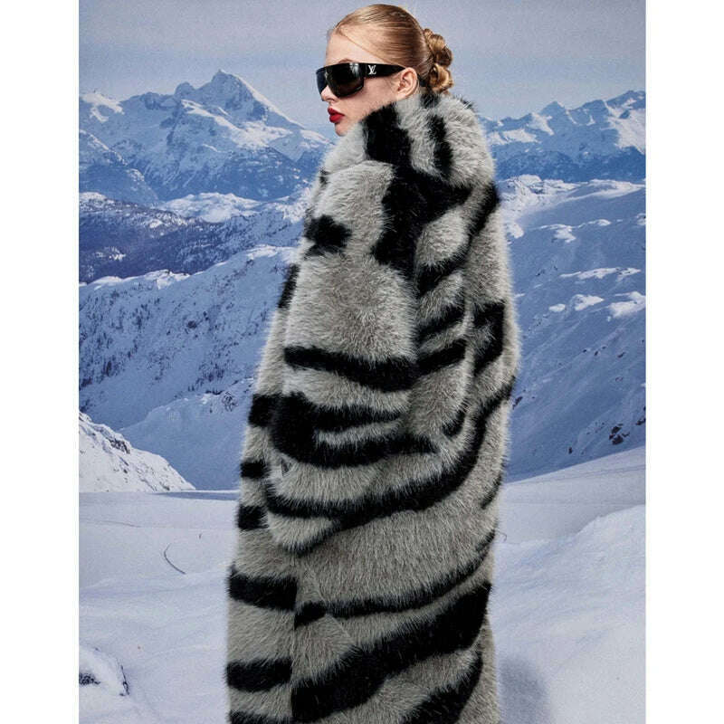 Women's fur coat new fashion zebra print imitation fox fur coat long winter leisure and warm - KIMLUD