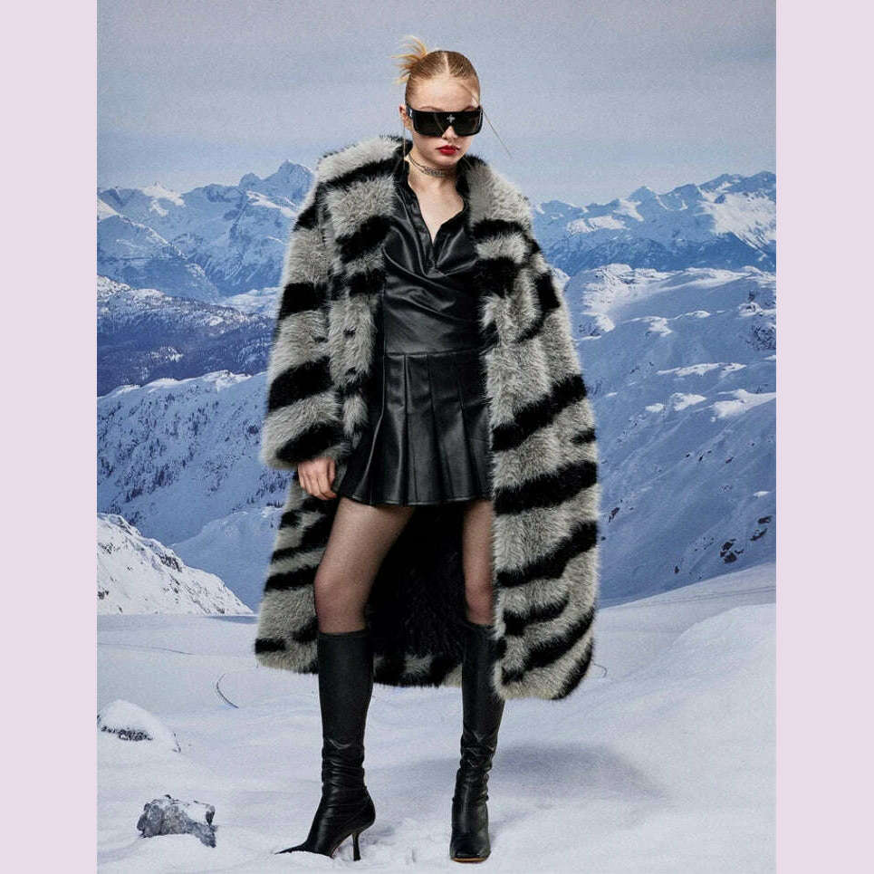 Women's fur coat new fashion zebra print imitation fox fur coat long winter leisure and warm - KIMLUD