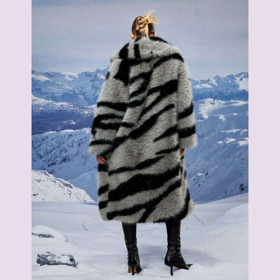 Women's fur coat new fashion zebra print imitation fox fur coat long winter leisure and warm - KIMLUD