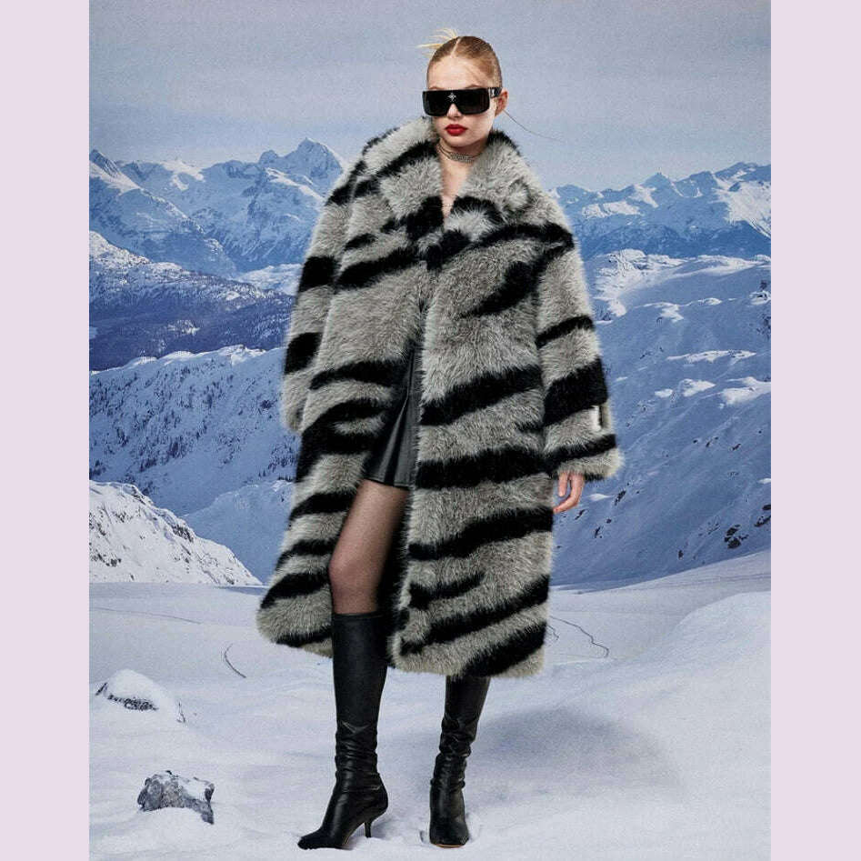 Women's fur coat new fashion zebra print imitation fox fur coat long winter leisure and warm - KIMLUD